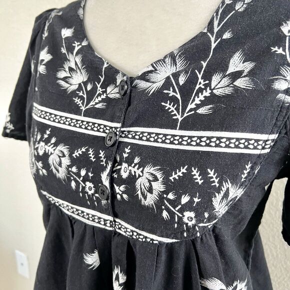 Vintage Loungees Small Black White Floral Mumu House Sleep Dress Kaftan Pockets - Picture 3 of 11